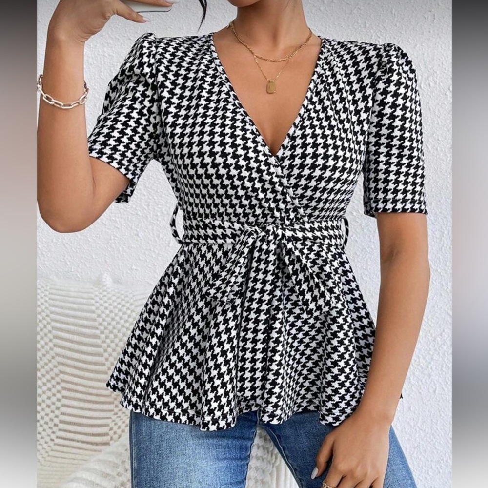 Black and White Houndstooth Wrap Top Blouse Shirt